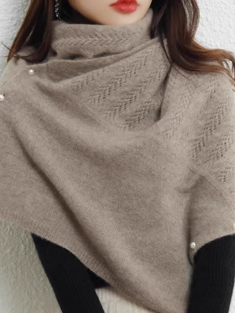 100羊毛珍珠扣镂空提花披肩