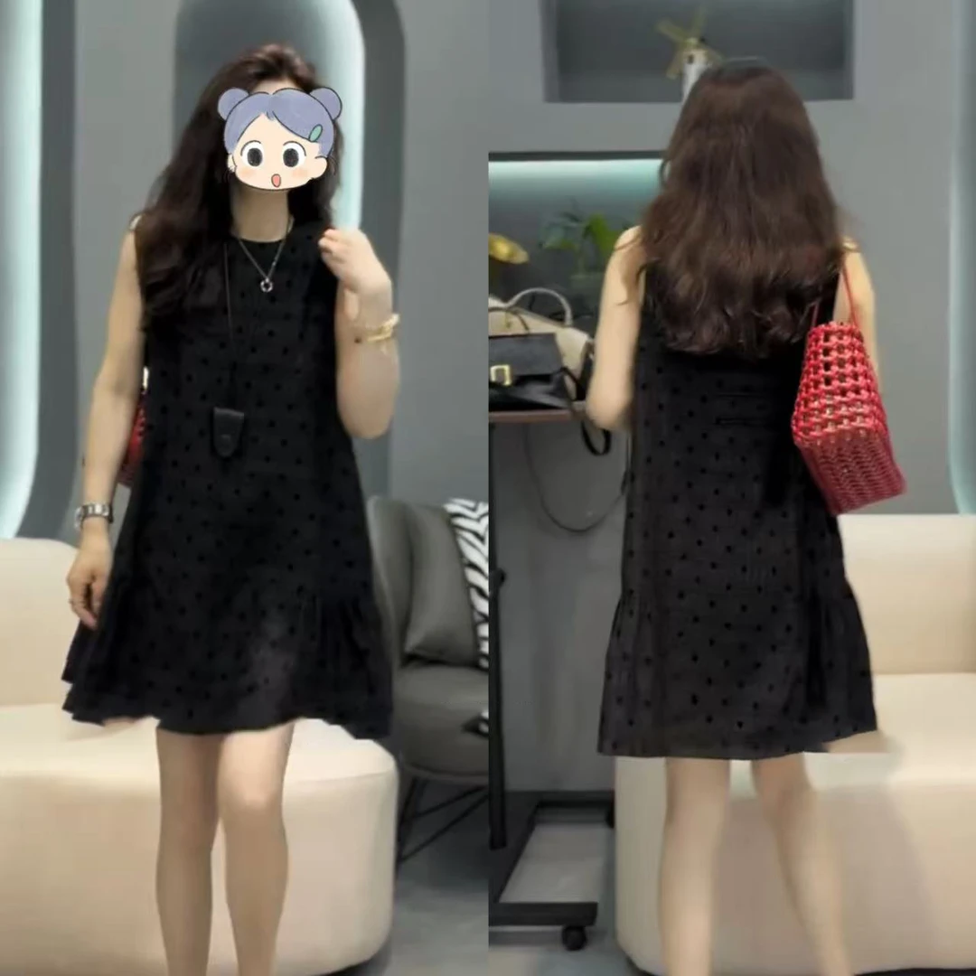 2025新款高级感圆领波点连衣裙女夏季法式气质宽松显瘦无袖裙子