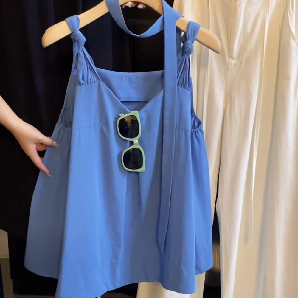 【希腊小屋】韩版飘带扭结吊带背心V领显瘦无袖衬衫女