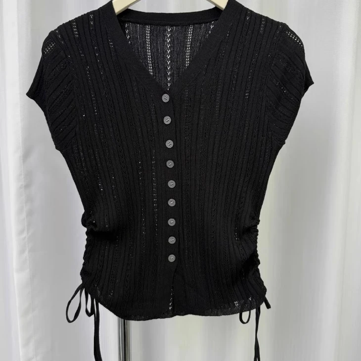 纯欲性感V领单排扣抽绳开衫女夏镂空坑条针织短袖T恤显瘦正肩上衣