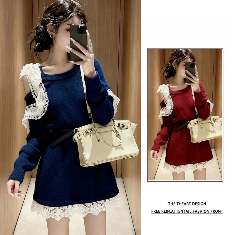韩系氛围感蕾丝花边针织上衣女2025秋冬新款甜美风软糯厚款毛衣