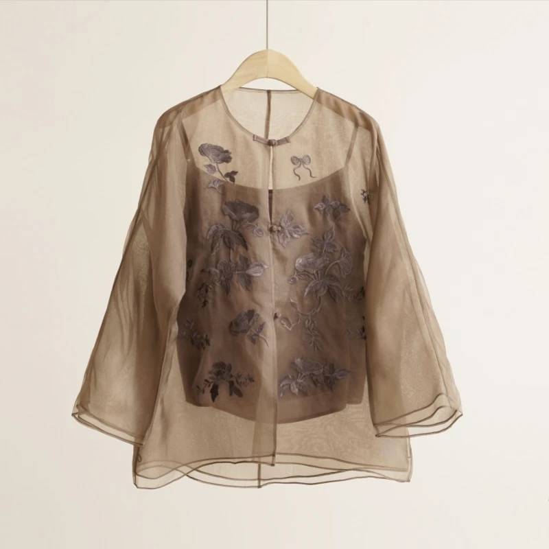 6A级欧根纱重磅100%桑蚕丝国风立体绣花女士上衣（250587）2842