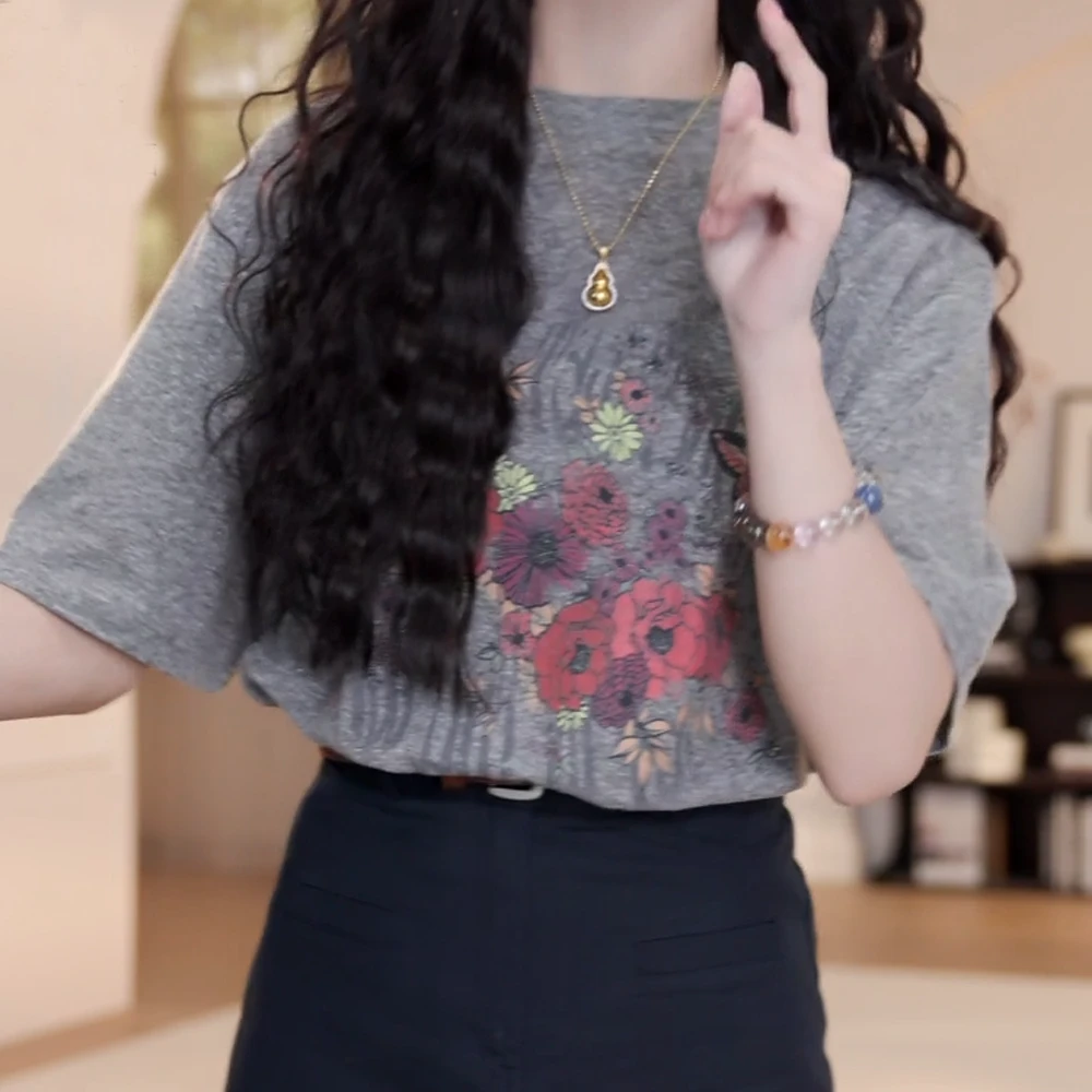 2025新款蝴蝶花短袖百搭夏季上衣T恤打底衫夏装宽松显瘦印花t恤女