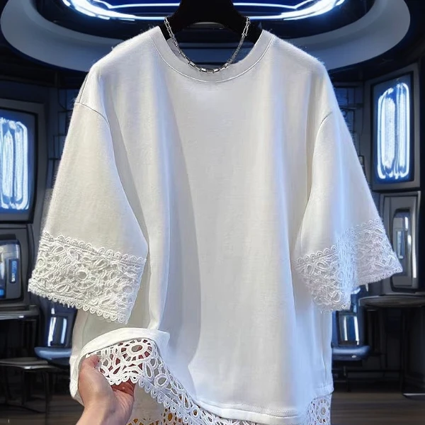 重工拼接短袖纯1棉t恤女夏季上衣2515