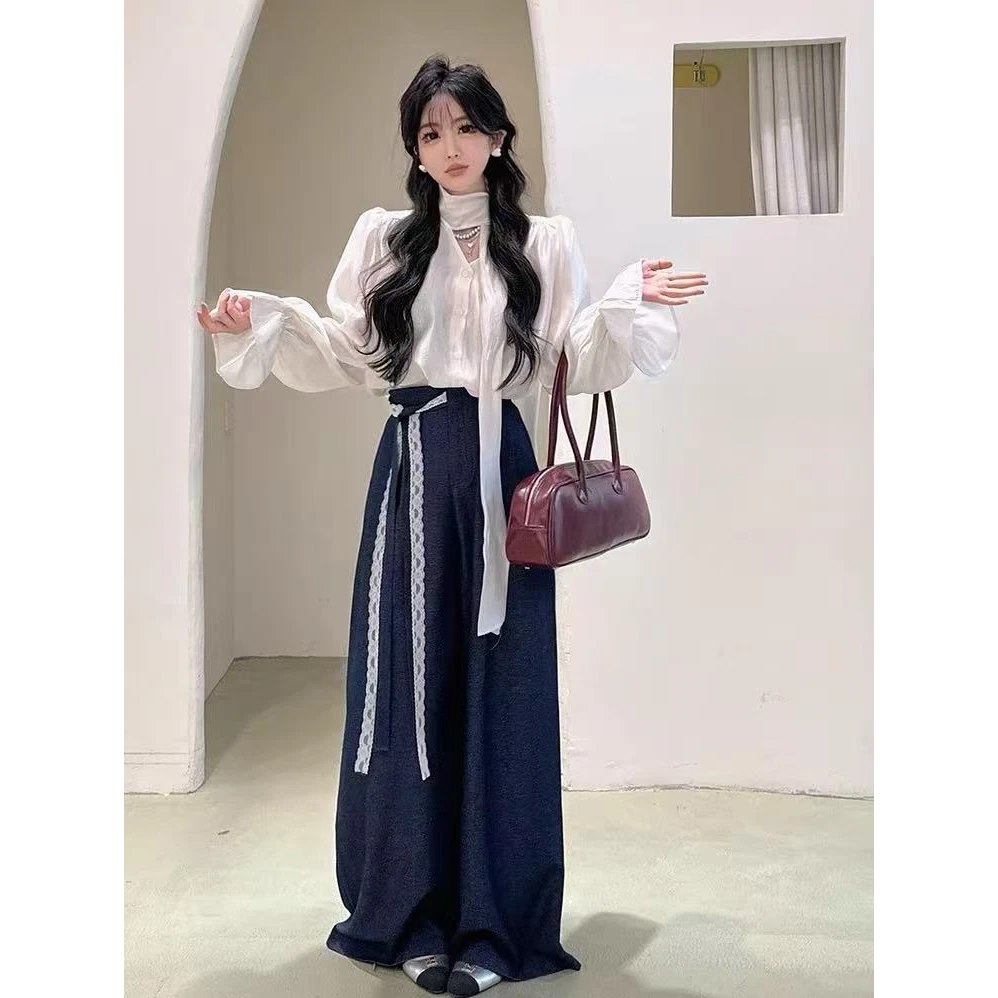 2025初秋季韩系氛围感穿搭一整套高级感挂脖衬衫阔腿裤两件套装女