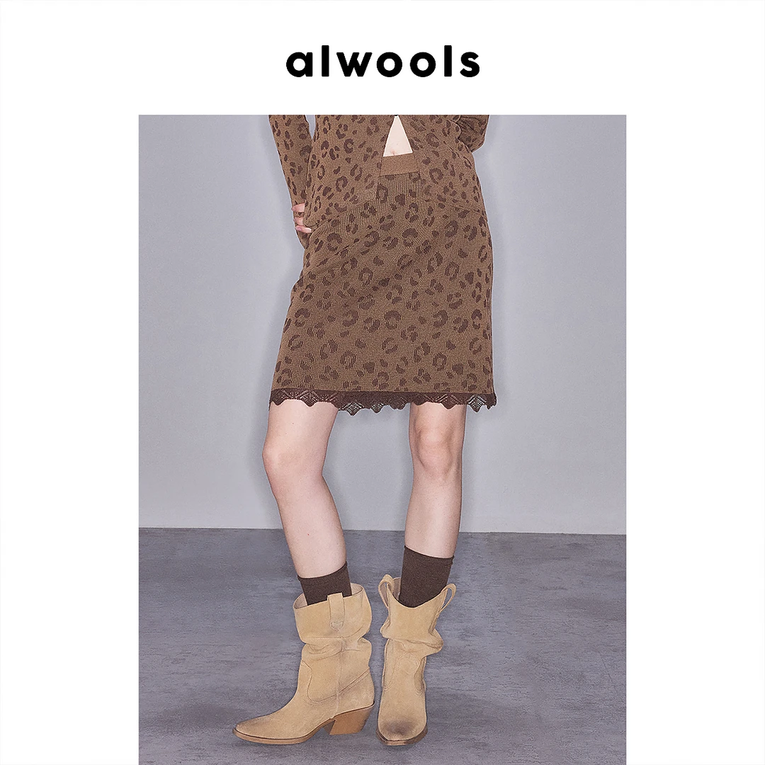 ALWOOLS2025秋冬新品豹纹提花蕾丝针织半裙