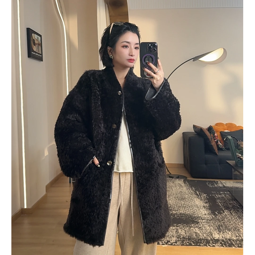 QISHI 西班牙拉贡羊皮毛一体双面穿V领中长款皮草外套女极简轻奢