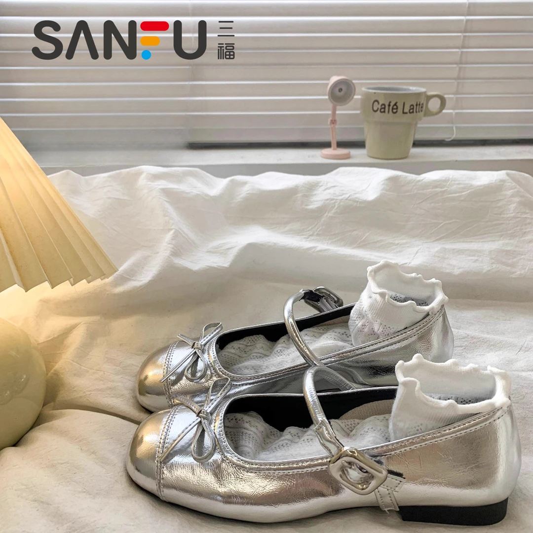 三福法式圆头真皮蝴蝶结平底单鞋女2025夏新款小皮鞋浅口玛丽珍鞋
