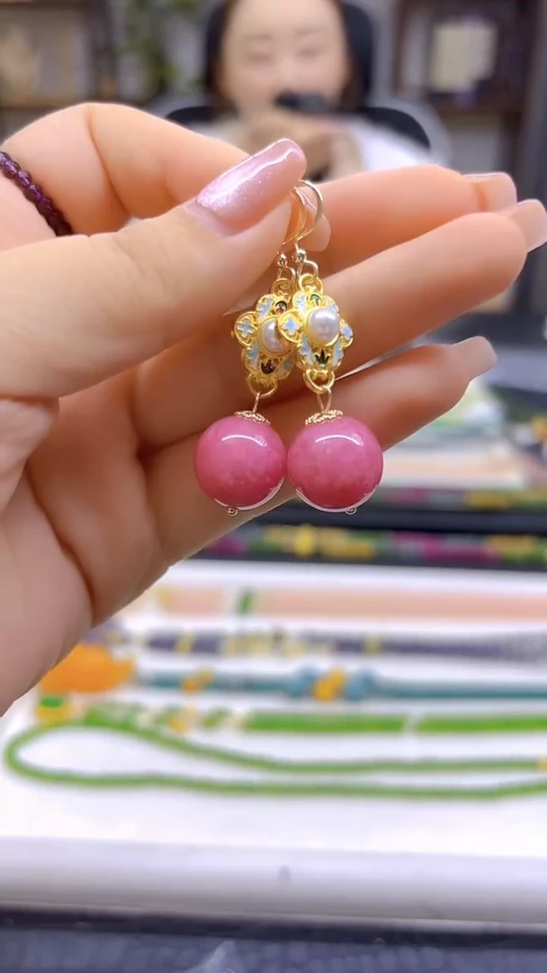 菱锰矿（红纹石）14K金镶嵌耳饰DIY款E798