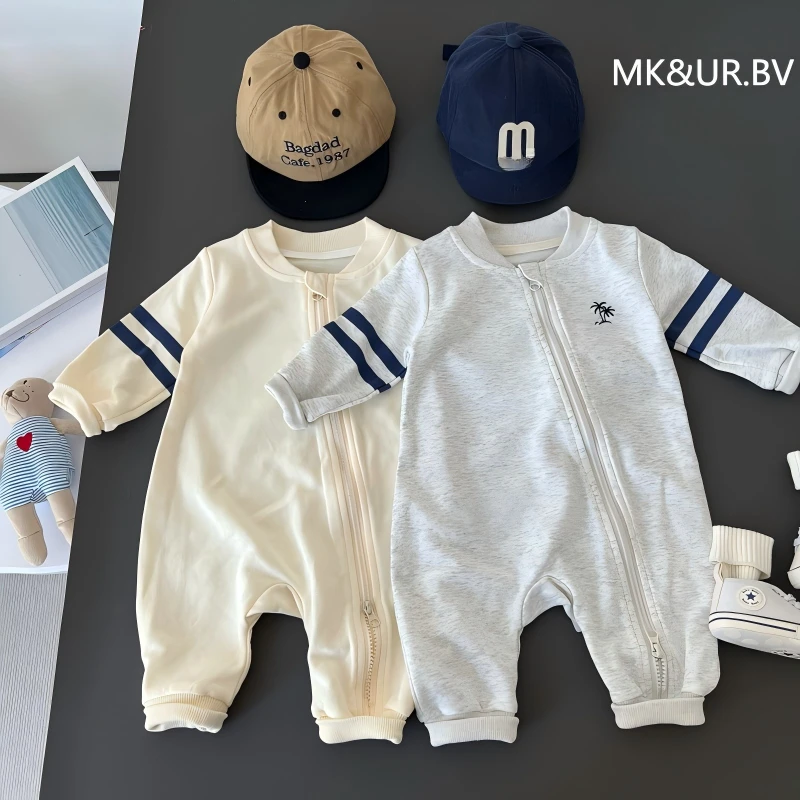 MK&UR.BV新生儿春秋男宝宝棒球领长袖连体衣婴儿长袖哈衣外穿爬服