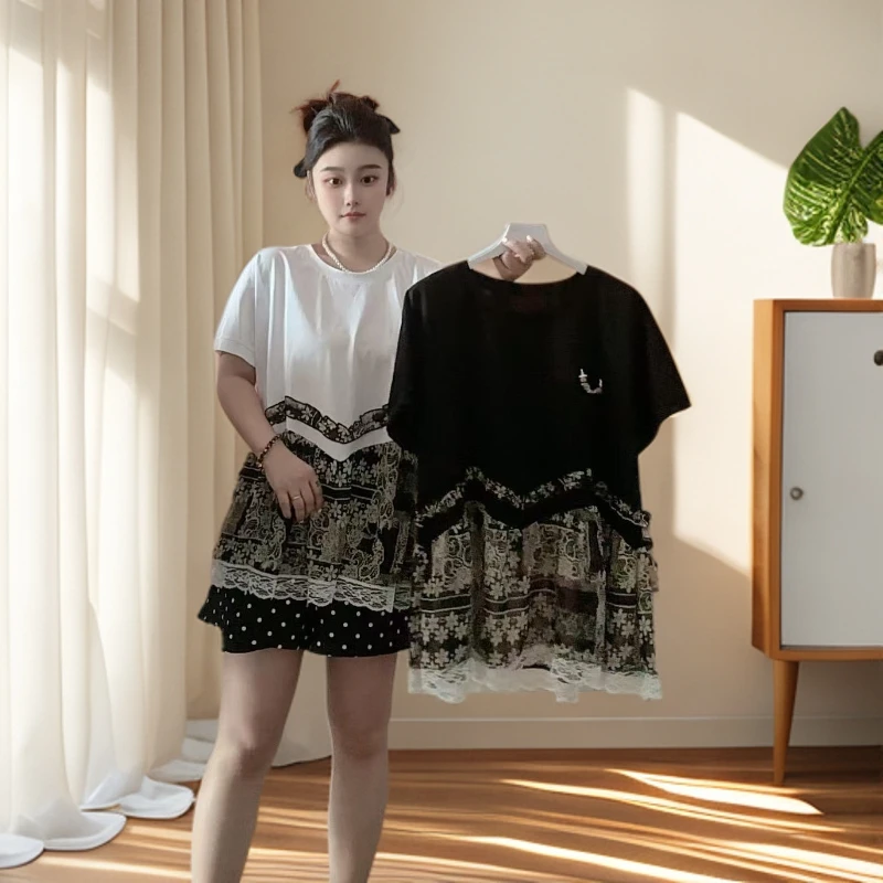 夏季大码胖mm拼接欧花蕾丝边气质百搭显瘦短袖衫