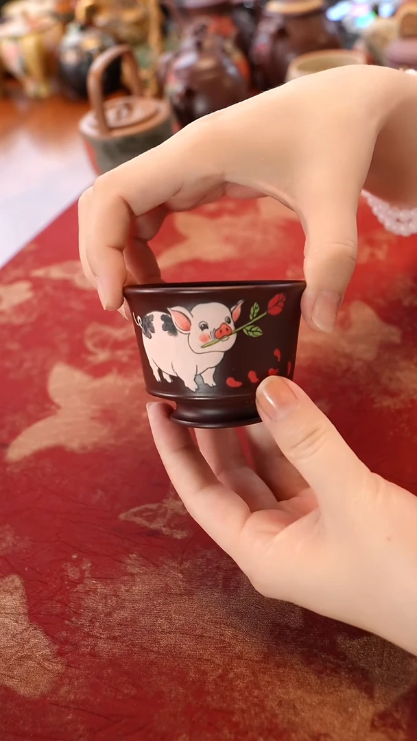 茶壶紫砂紫朱泥送福猪杯子
