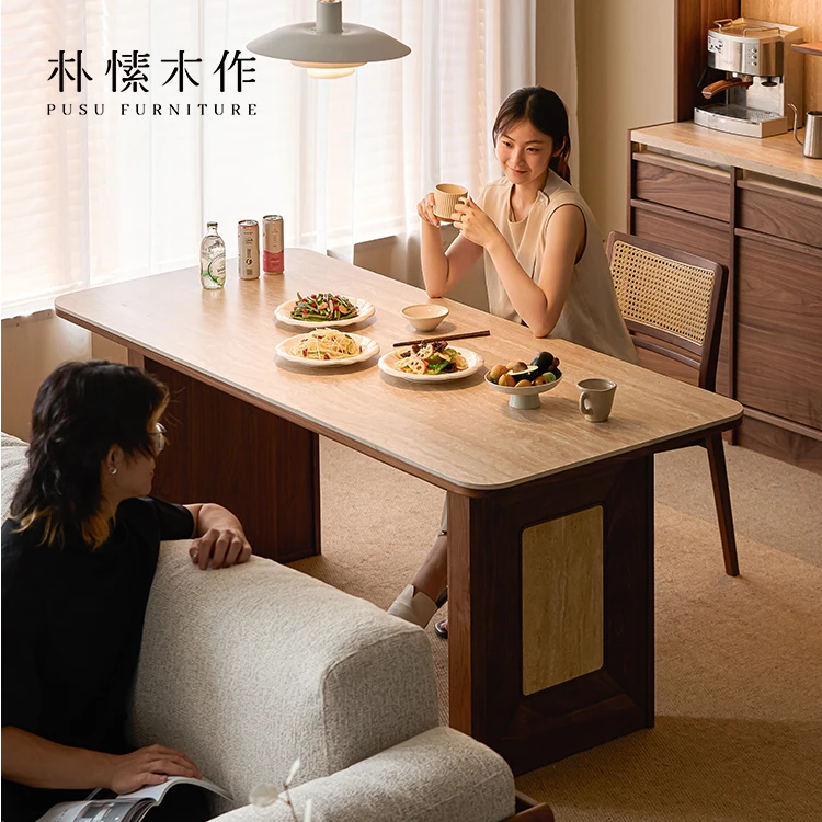 朴愫木作罗马发热餐桌 洞石岩板北美黑胡桃木可加热复古轻奢长桌