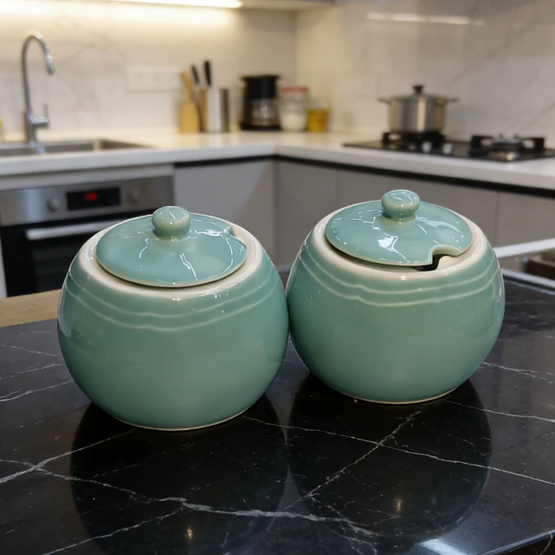 【铭策优品】蒂芙尼蓝半色釉浮雕轻奢糖罐调料罐陶瓷罐2支装