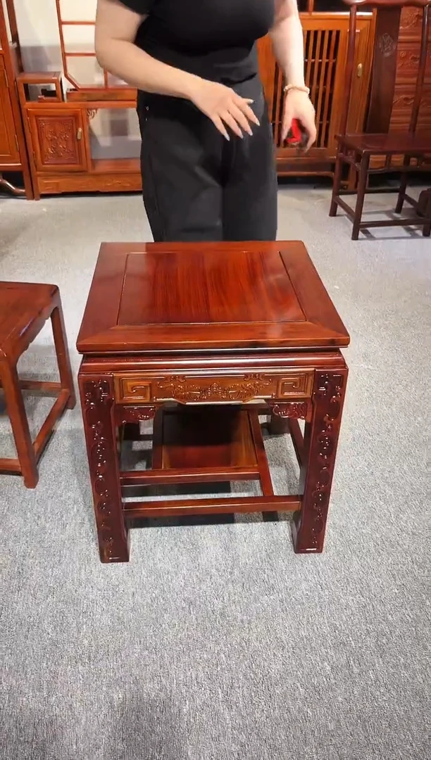 红酸枝木类端景台非洲酸枝精雕双层方几、方桌