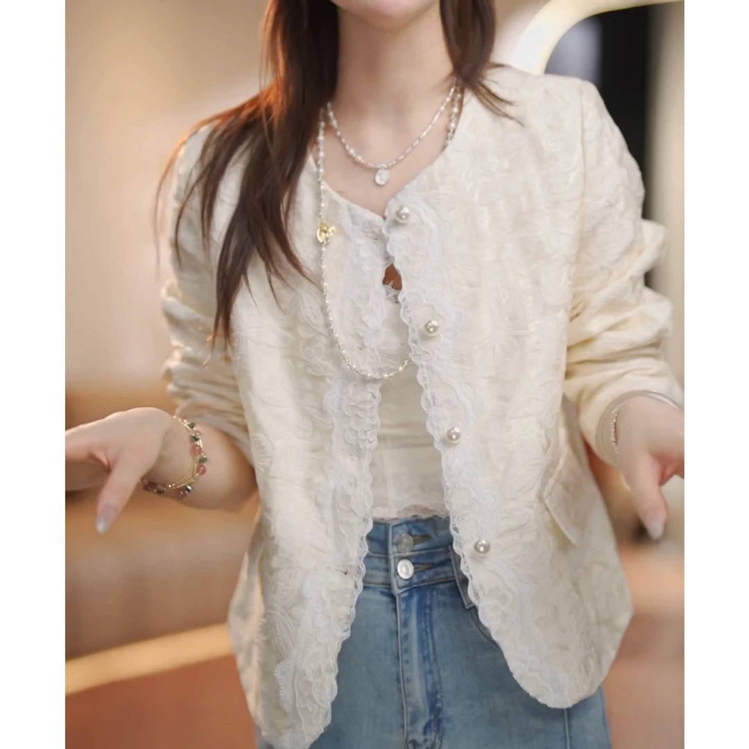 高级感精致名媛气质小香风外套女2025春季新款重工蕾丝设计感上衣