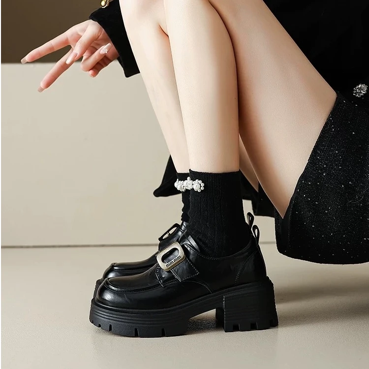 厚底小皮鞋黑色复古洋气圆头新款粗跟松糕单鞋厚底乐福鞋百搭秋季