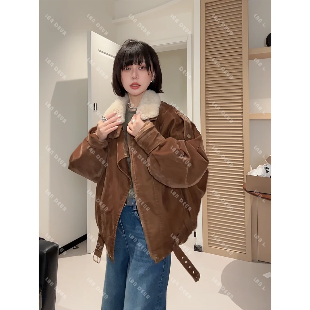 JIUJIU【竹林听晚】复古时髦百搭甜酷风拼接绵羊毛毛领鹅绒服外套