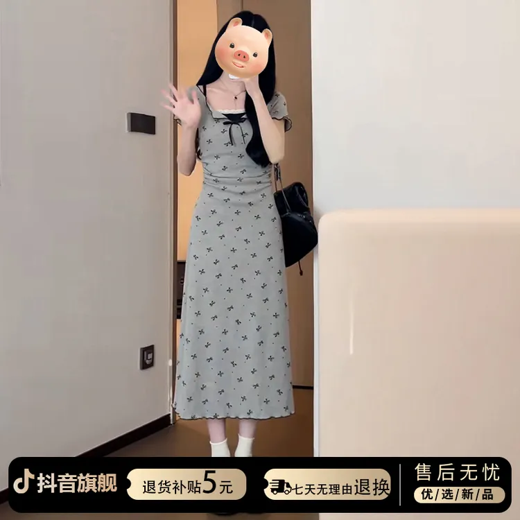 波点灰色蝴蝶结连衣裙女2025新款夏季收腰显瘦假两件裙子高腰长裙
