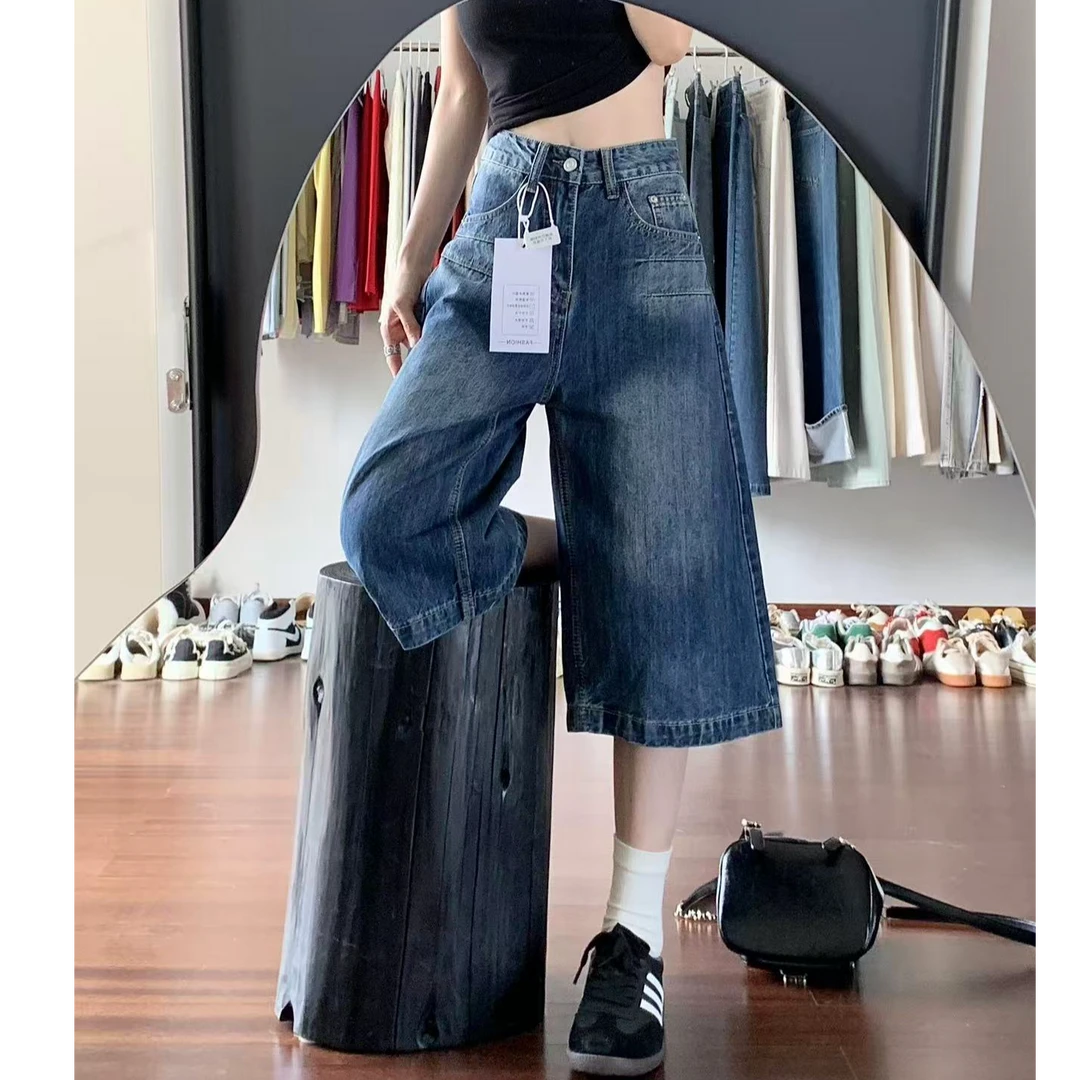 复古七分阔腿牛仔裤女爆款2025新款小个子高腰显瘦宽松直筒中裤子