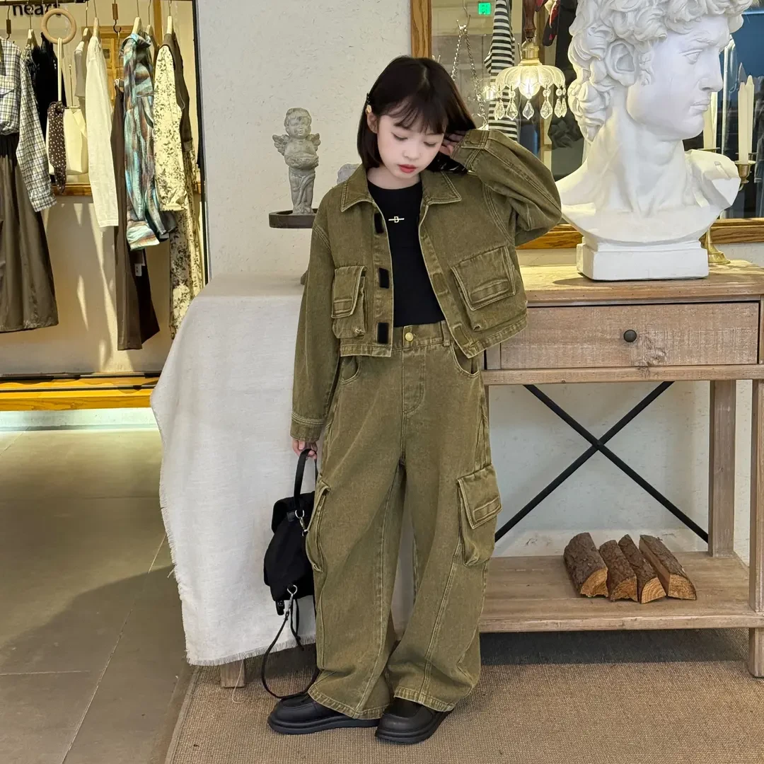 女童废土风毛刺牛仔套装春秋2025新款时尚阔腿裤中大童外套两件套