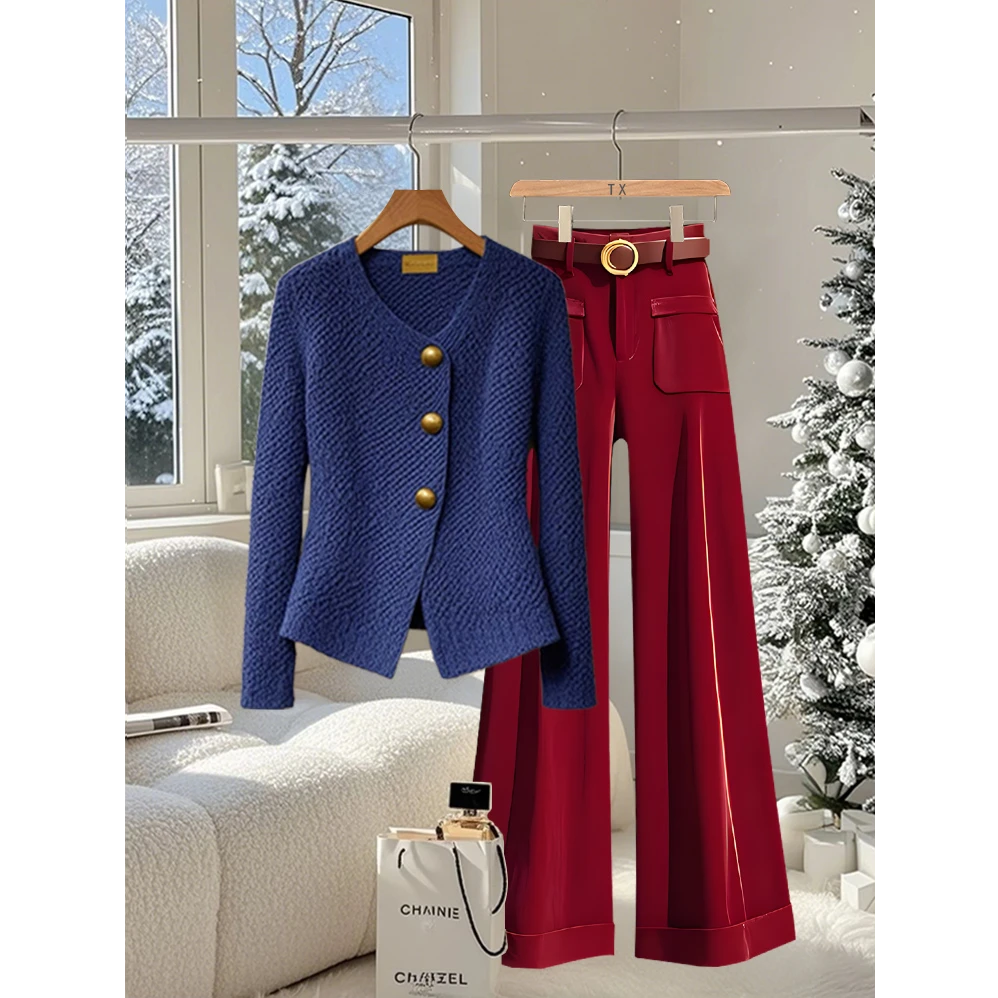 2025潮流一整套穿搭克莱因蓝针织衫上衣高腰显瘦时尚百搭直筒裤女