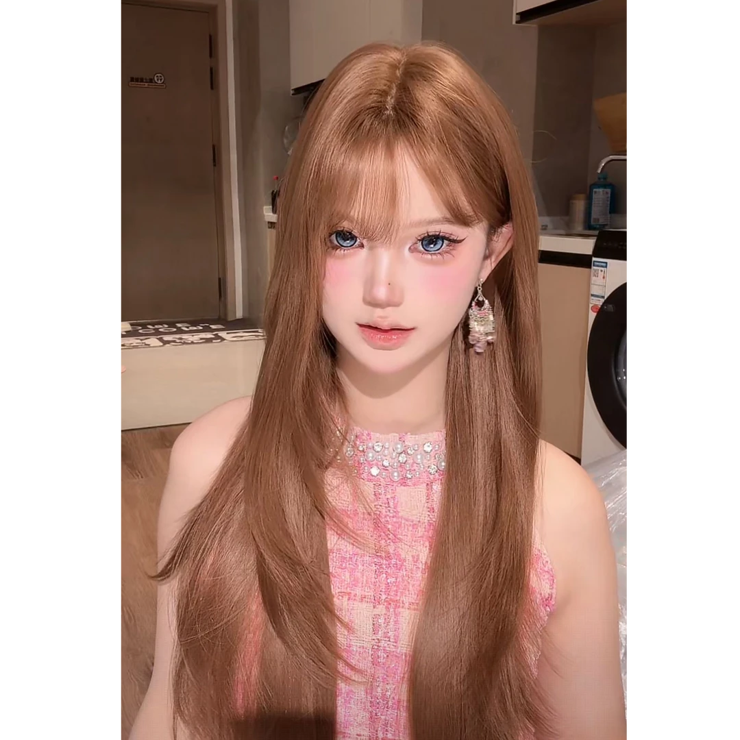 亚麻棕色齐刘海长直发梦幻自然夏天逼真氛围感