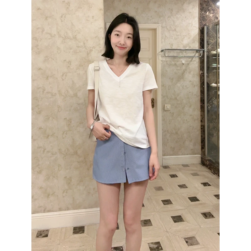 郭九九呢 100棉%V领轻薄透气百搭显瘦短袖高腰条纹裙裤G925Y03980