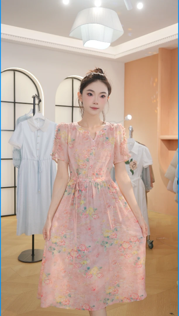 Z8336夏新款气质碎花连衣裙轻奢时尚收腰中长款裙子