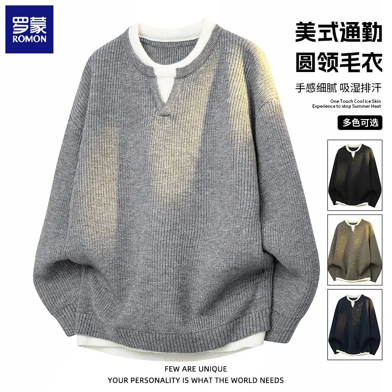 罗蒙美式休闲毛衣男士假两件潮流2025帅气针织衫秋冬季休闲套上衣