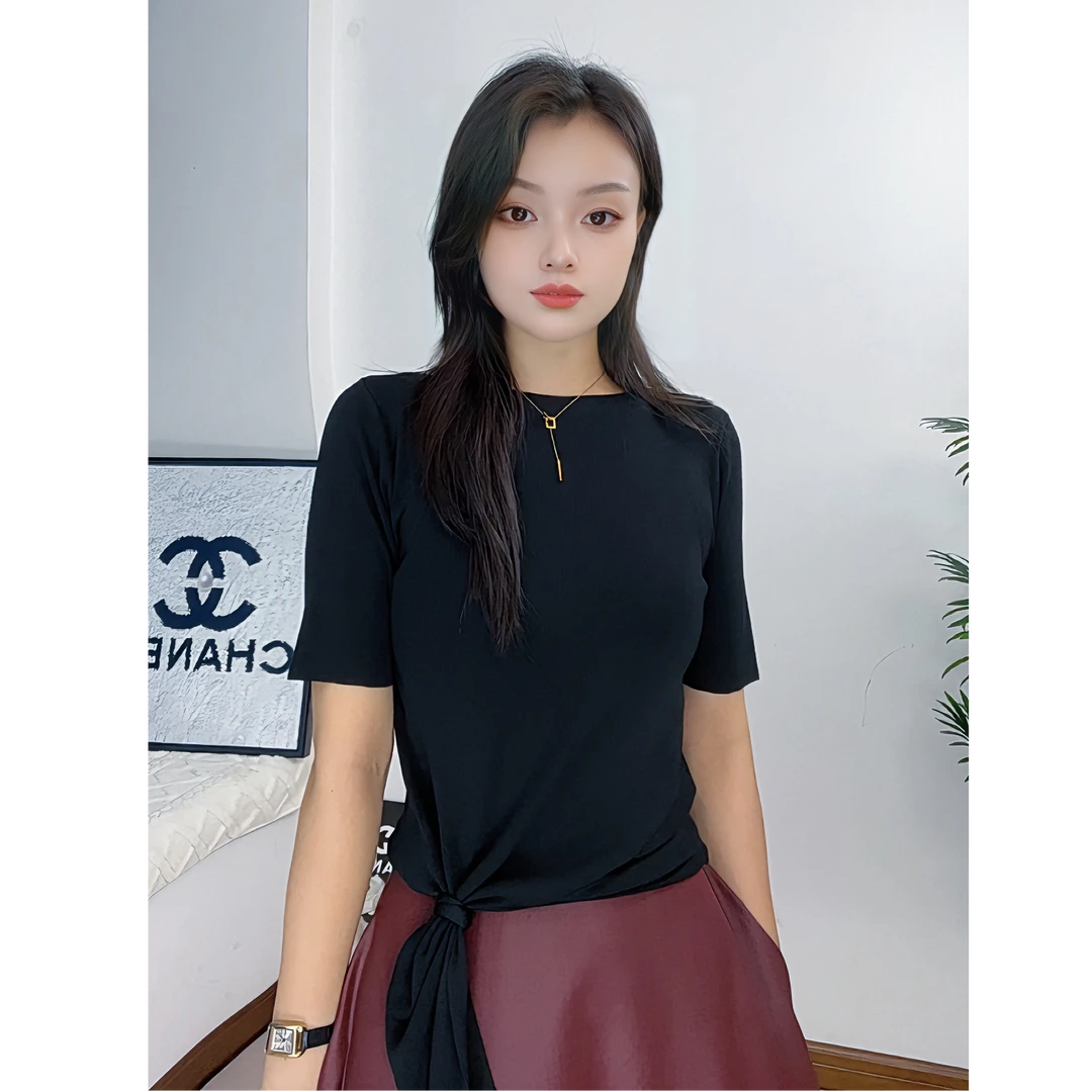 夏季新款气质针织薄款一字领短袖时尚透气百搭系带黑色女士T恤