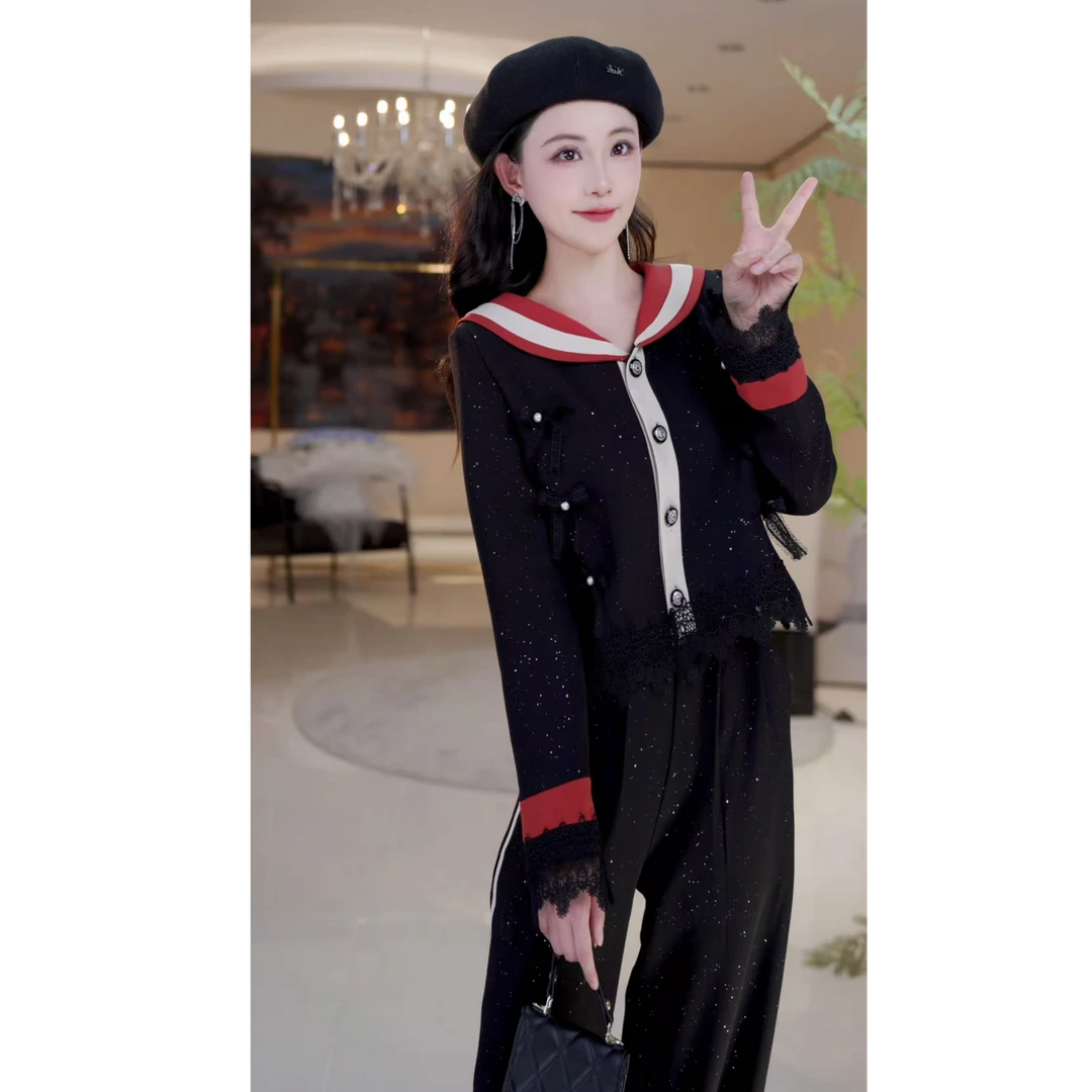 【封面女郎】时尚百搭亮闪蕾丝长裤套装814986+814987