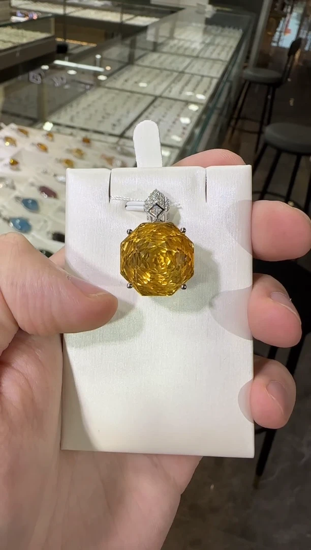 颈饰银S925镶嵌黄晶18mm玫瑰切工吊坠