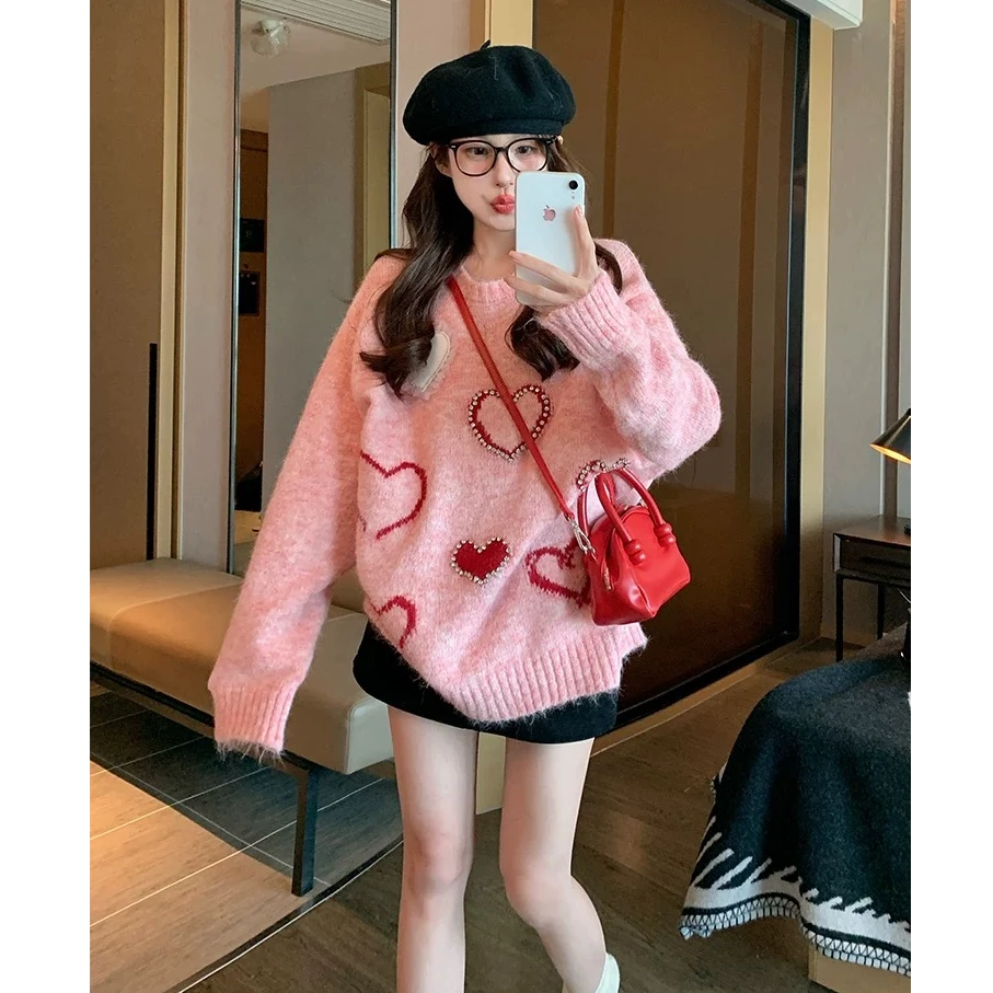 2129粉色爱心套头毛衣女秋冬新款甜美宽松休闲设计感慵懒风针织衫