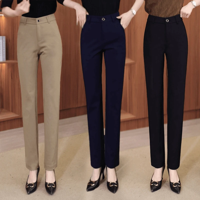 弹力直筒裤女松紧腰2025春夏拉链裤子时尚高腰显瘦百搭口袋休闲裤