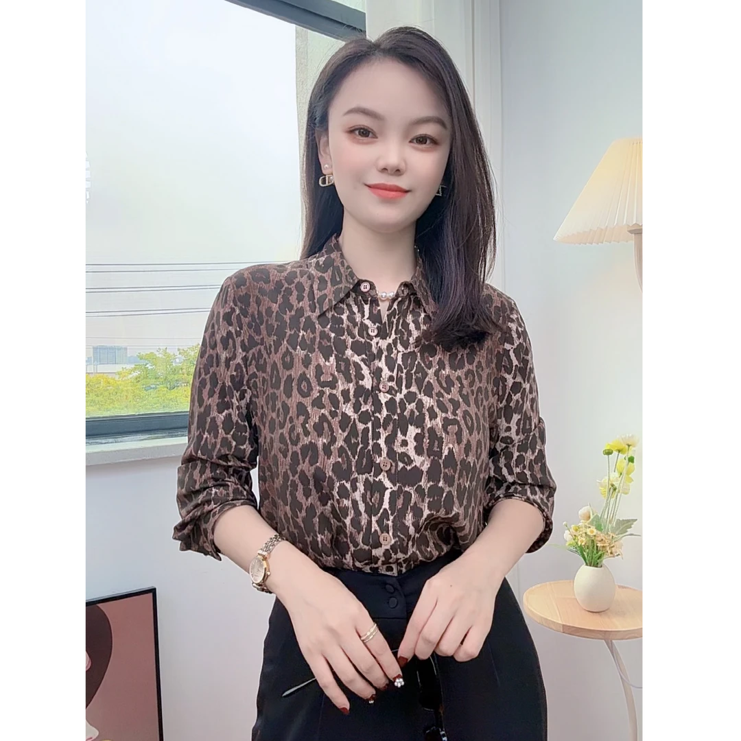 【灿灿】豹纹长袖真丝桑蚕丝衬衫女春秋新款百搭印花女士职业衬衣