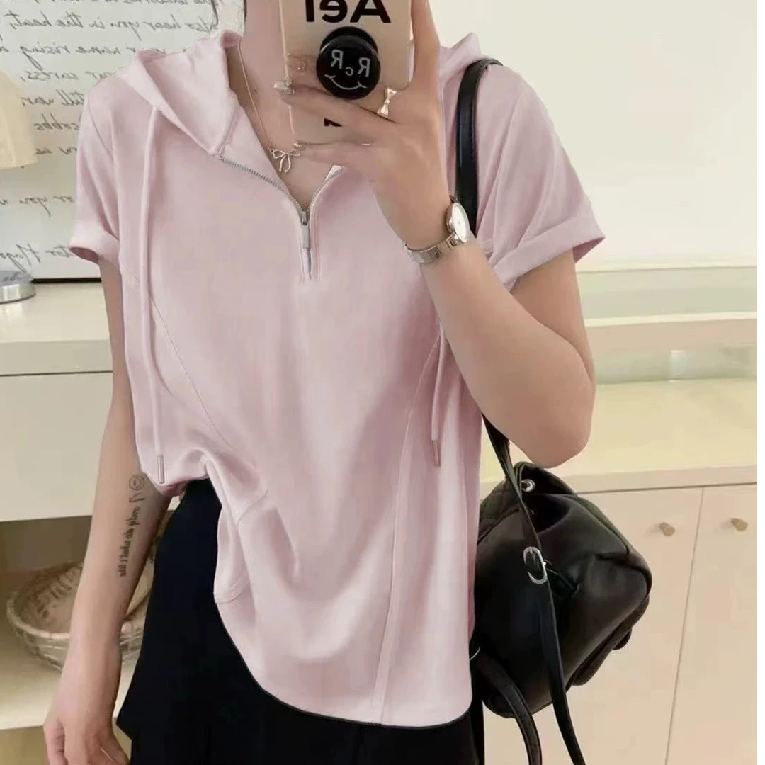 欧货～连帽净版拼接短袖，均码，百搭，显瘦