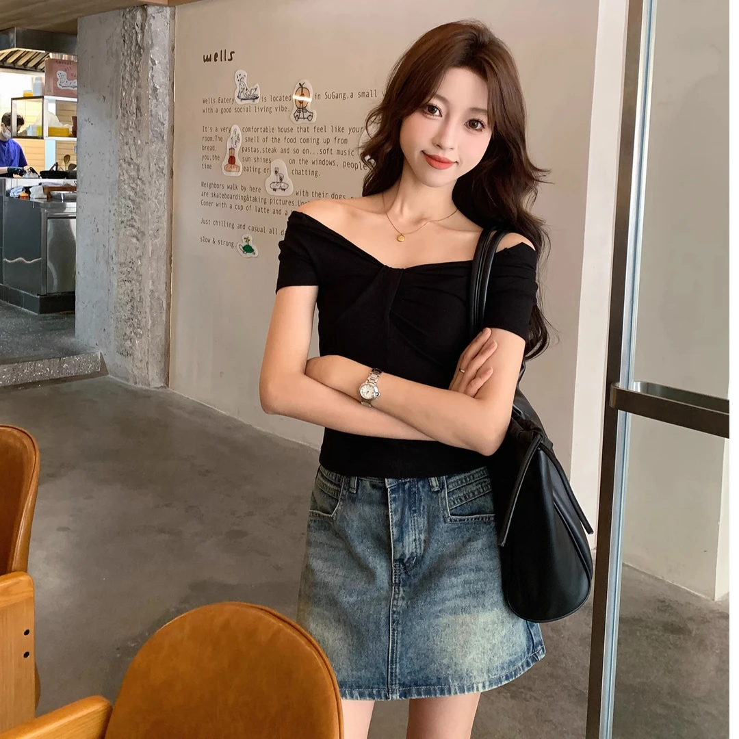 美式复古辣妹两穿一字肩短袖女大码微胖mm夏季修身显瘦V领T恤上衣