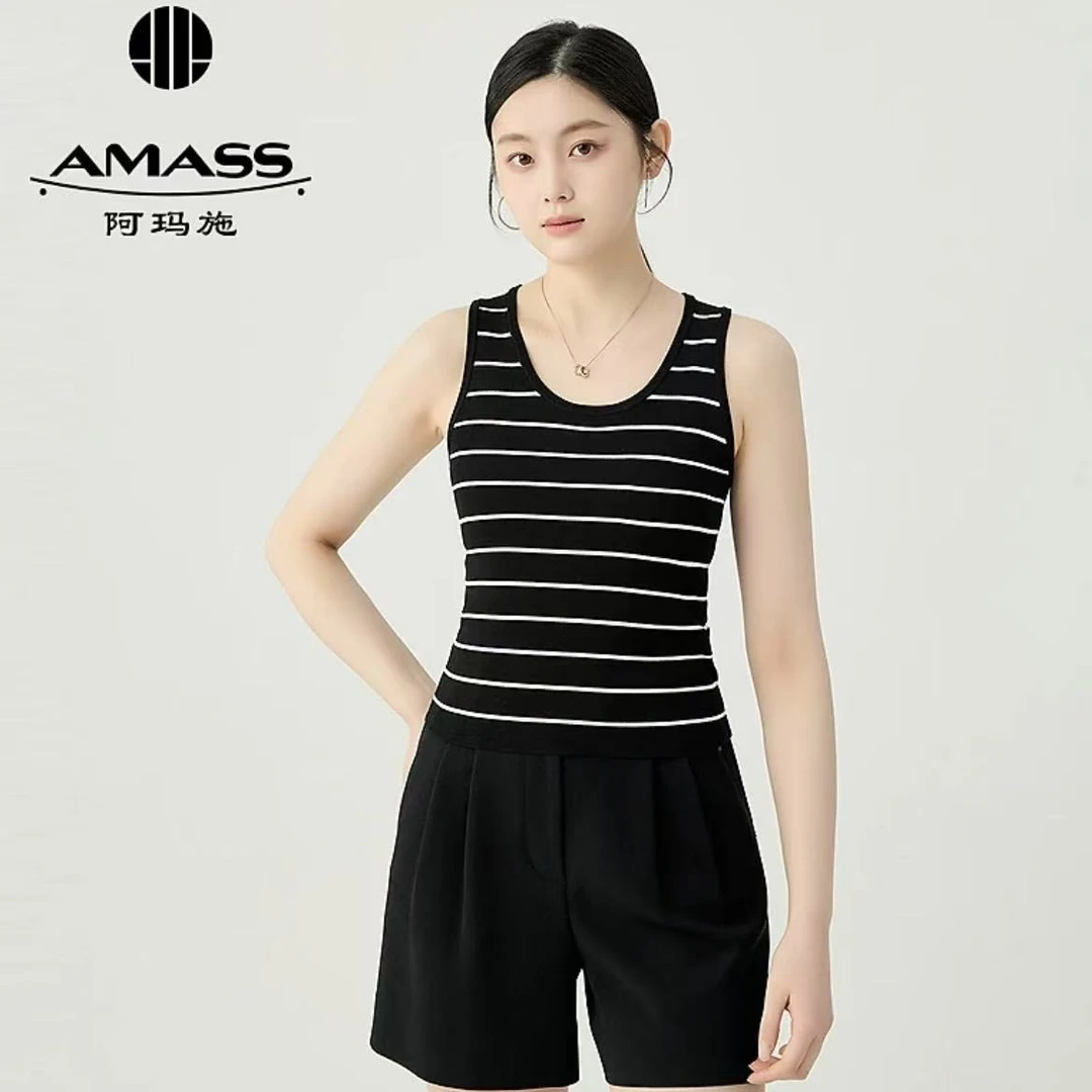 阿玛施AMASS 经典百搭时尚通勤休闲随性黑白条圆领针织背心538018