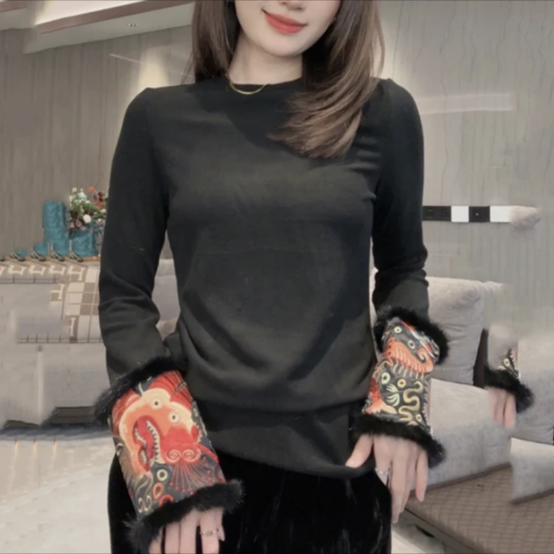 【锦鲤】双面德绒秋冬新中式圆领上衣袖口锦鲤刺绣毛边拼接打底衫