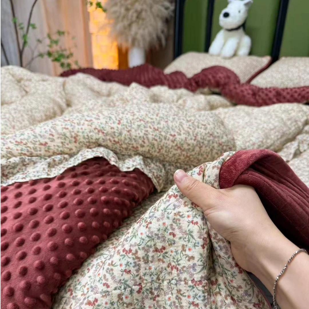 【轻奢享受】100%纯棉双层皱皱纱+豆豆绒（被套+床盖三件套）