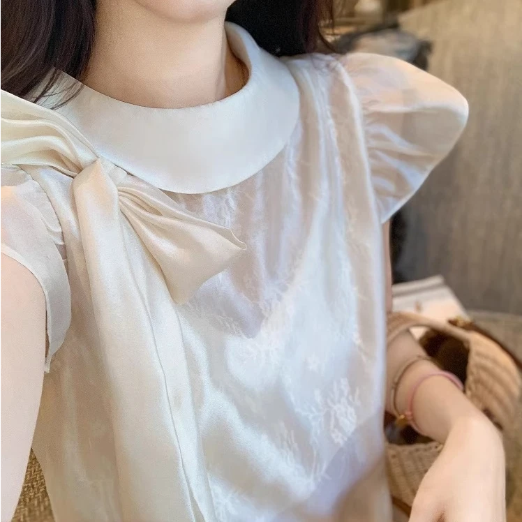 蝴蝶结甜美设计感白色上衣女2025夏季新款高级雪纺衫