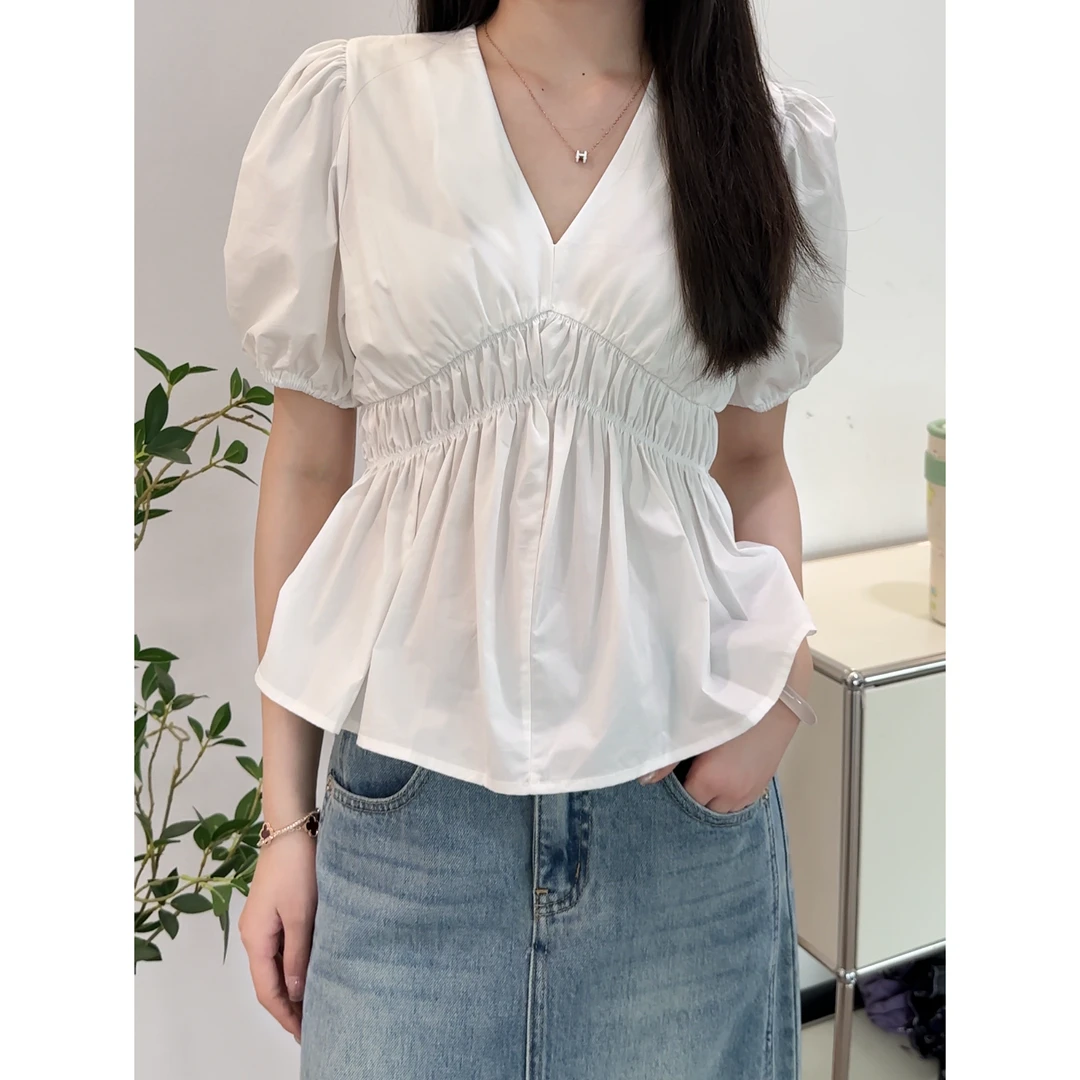 褶皱v领法式上衣瘦腰显瘦白色衬衫25877