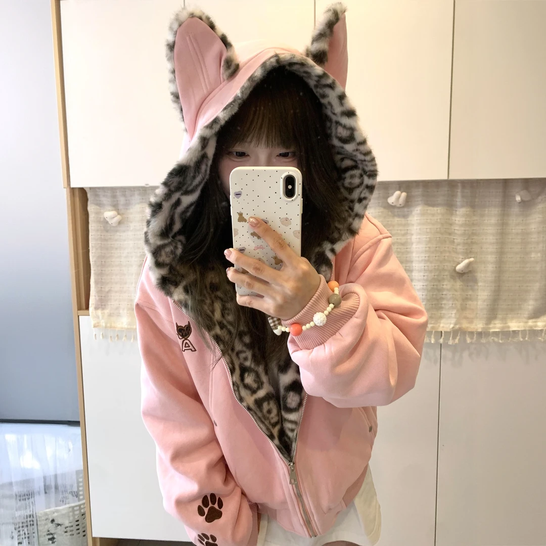 兔耳座山雕可爱粉色棉衣秋冬棉服保暖厚外套麂皮加绒豹纹连帽棉袄