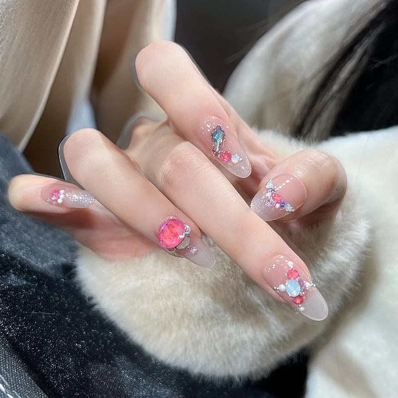 本宫指义【H47/施华+锆石】穿戴甲纯手工  底色：粉08反渐变