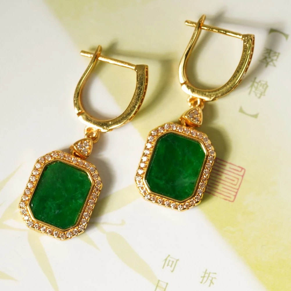 【百年一玉】天然缅甸A货中式国潮翡翠耳坠S925银镀金-1142