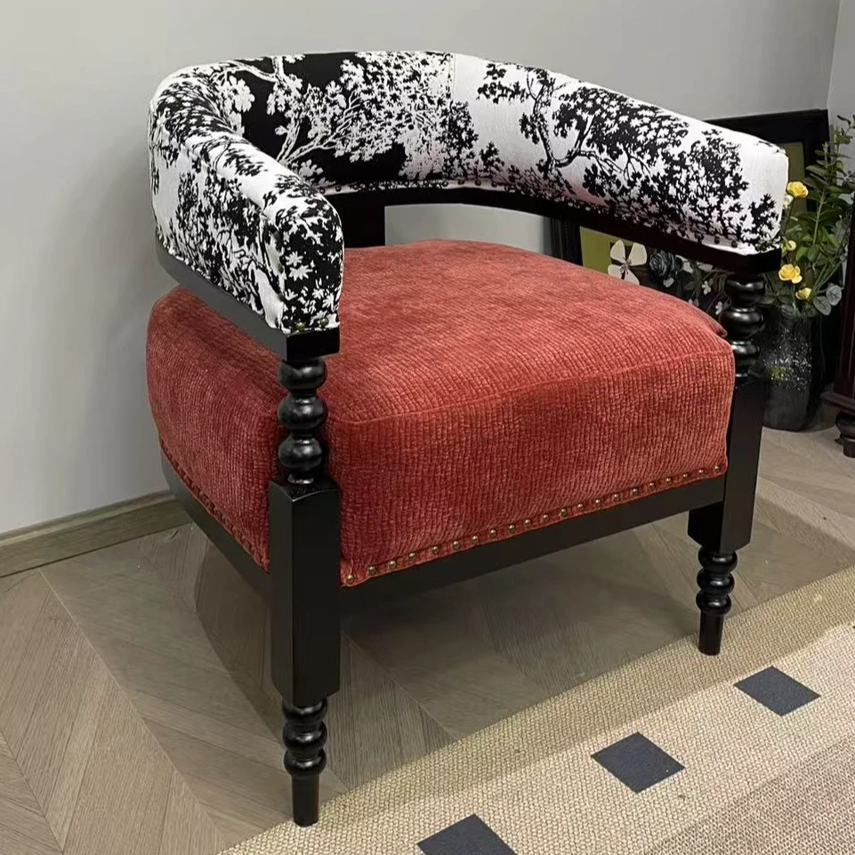 欧式复古实木休闲椅小户型家用布艺沙发椅客厅阳台设计师懒人单椅