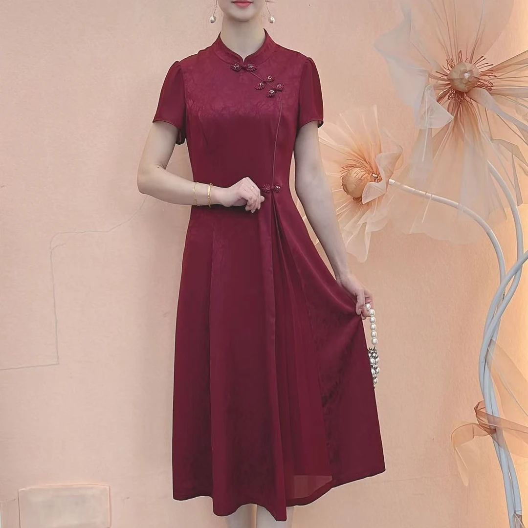 【爱娜女装】夏季新款修身显瘦气质中国风优雅新中式红色连衣裙
