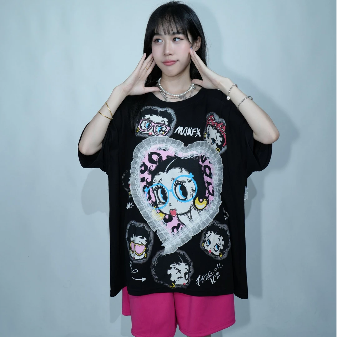 爱心蕾丝刺绣大码宽松欧货潮牌重工刺绣卡通爱心短袖T恤