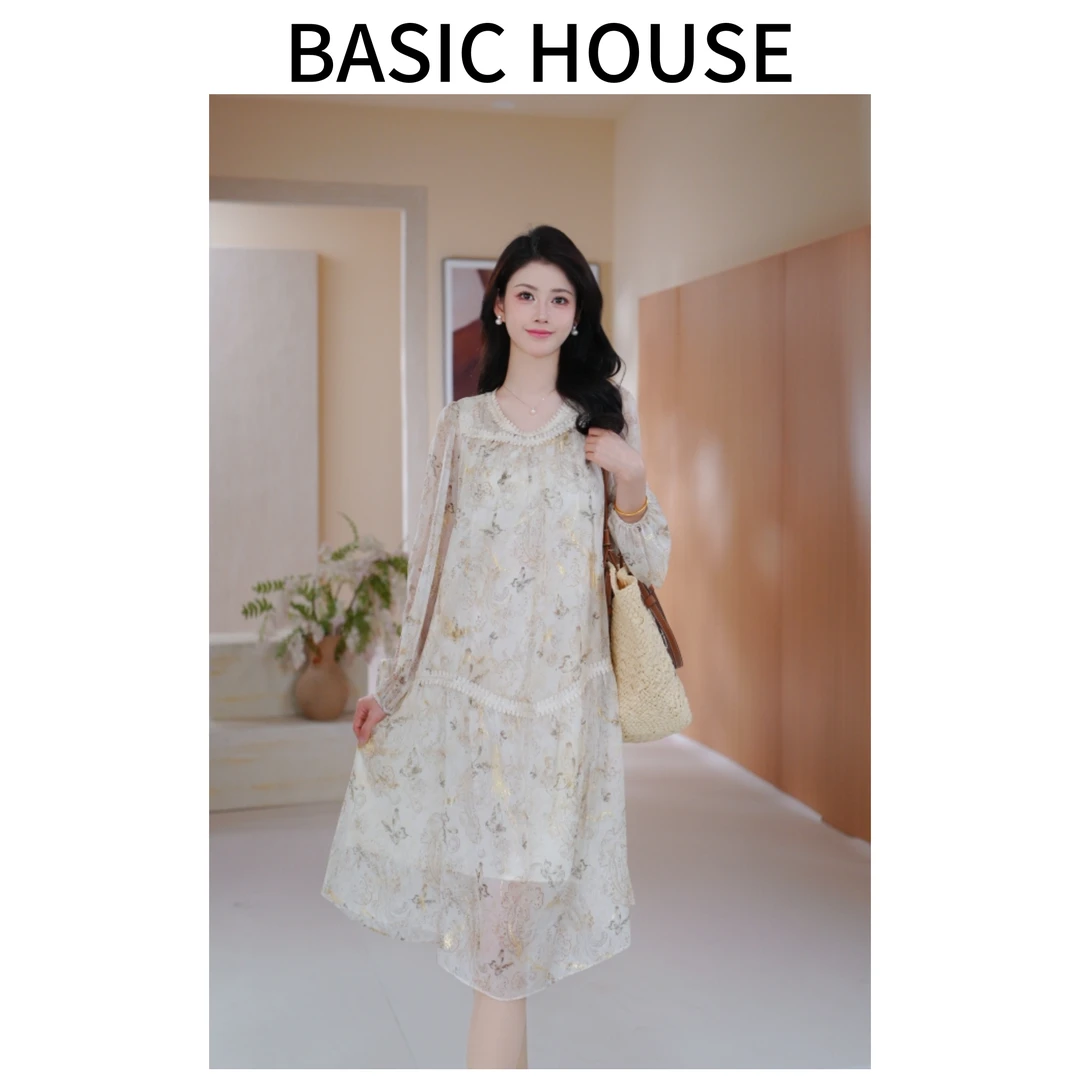 Basic House/百家好夏季新款碎花气质显瘦轻奢时尚百搭连衣裙女A